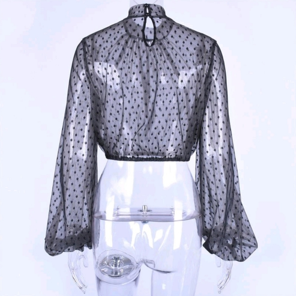 Women's Black Lace Polka Dot Turtleneck Long Sleeve Blouse - Picture 7 of 13